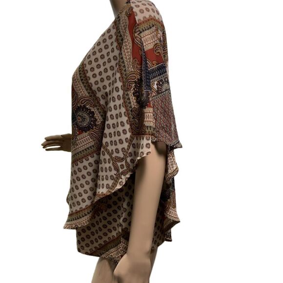 Roz & Ali Brown Patterned Keyhole Neckline Poncho Blouse Size Petite Medium - Picture 9 of 14